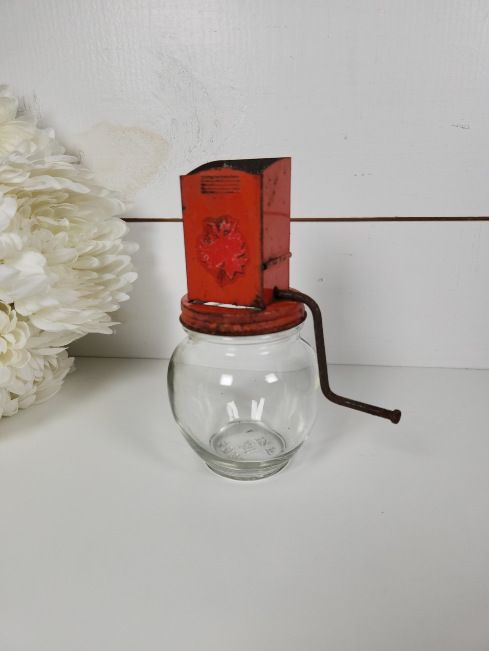 Vintage Hazel Atlas Nut Chopper Grinder- Glass w/ Red Metal Lid | MCM